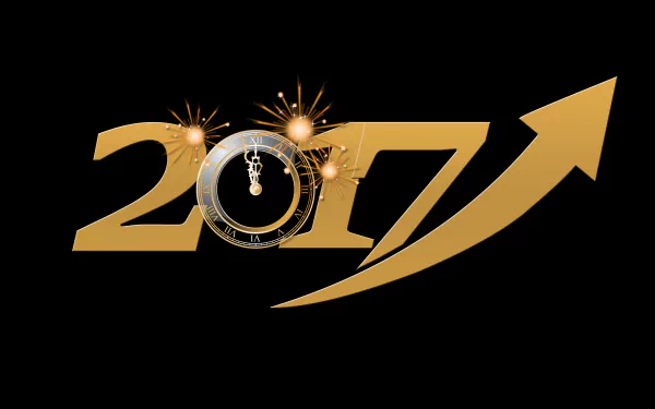 Gold 2017 with a midnight clock, sparkles and an upward arrow on black — New Year holiday 5K Ultra HD PC desktop wallpaper and background.