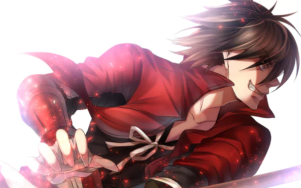 HD anime desktop wallpaper featuring Toyohisa Shimazu from Drifters, depicted in dynamic action with a red outfit and intense expression.
