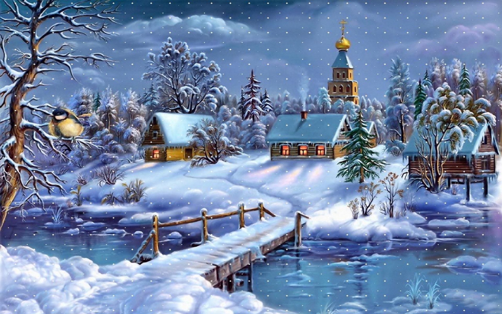 Download Bridge Church House Snowfall Snow Artistic Winter HD Wallpaper ...