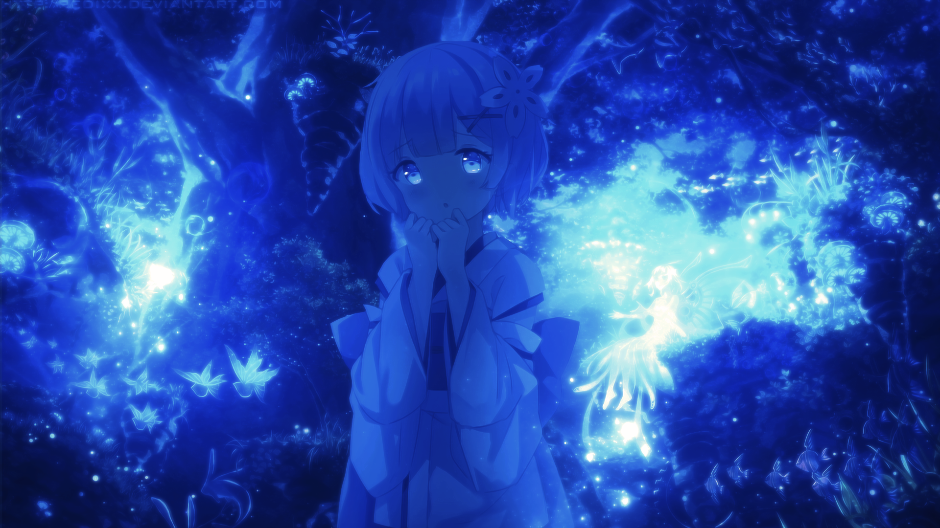 HD desktop wallpaper featuring Rem from the anime Re:Zero - Starting Life in Another World, illuminated by a whimsical blue glow in an enchanting forest setting.