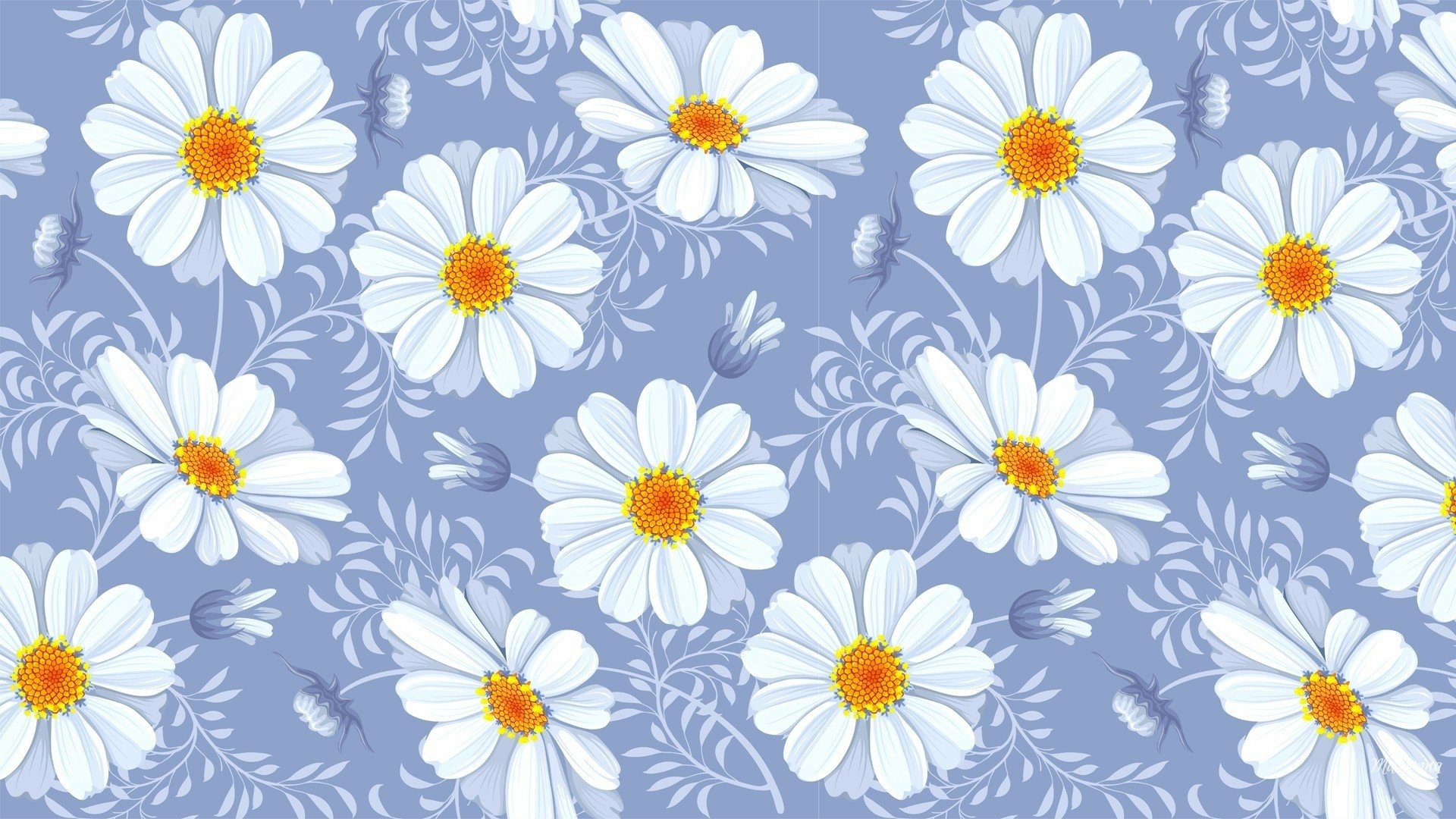 Artistic HD PC desktop wallpaper of white camomile flowers with golden centers on a soft blue background patterned with pale leafy swirls.