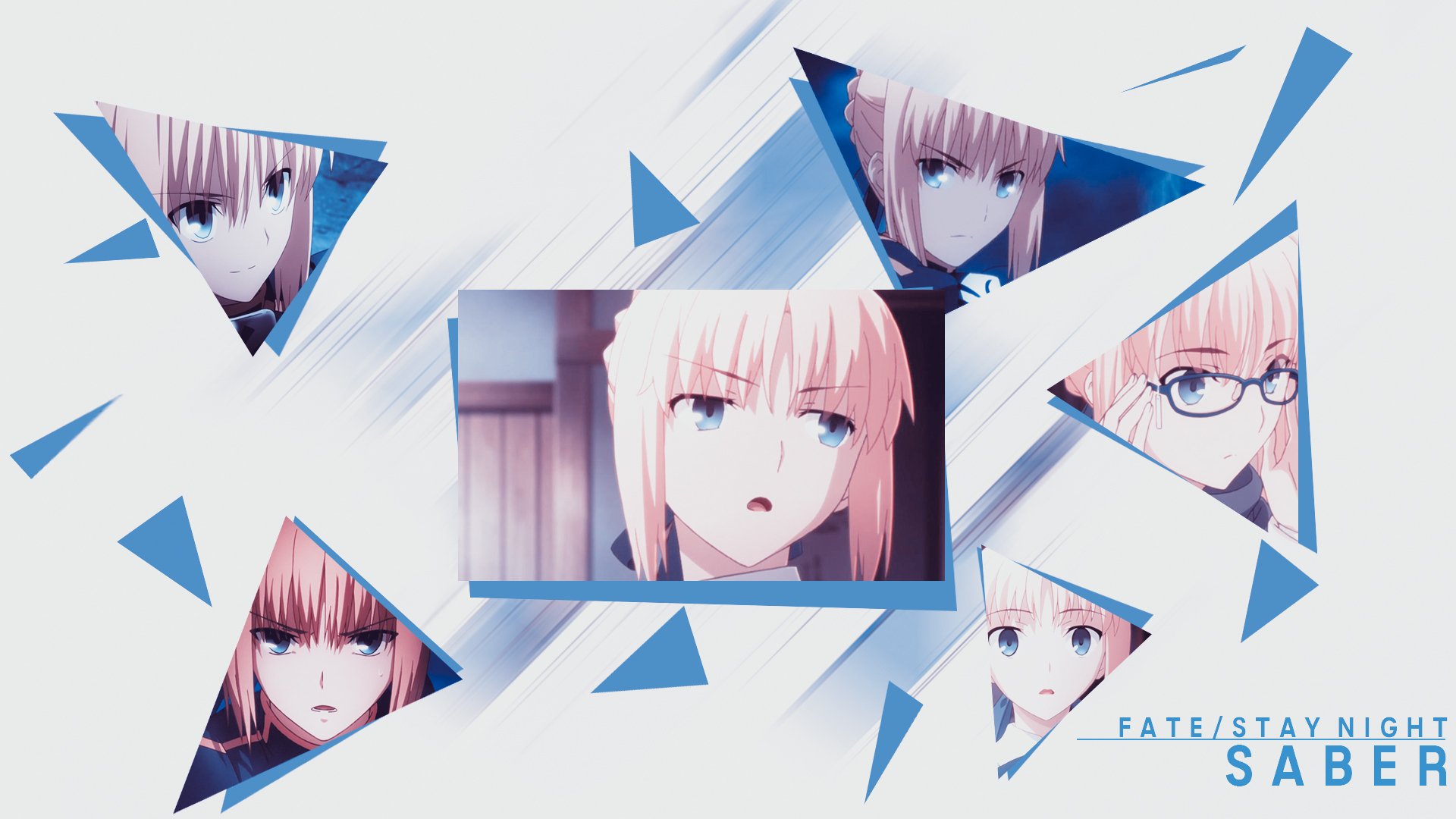 HD PC desktop wallpaper featuring multiple fragmented portraits of an anime character from Fate/Stay Night with a dynamic geometric design.
