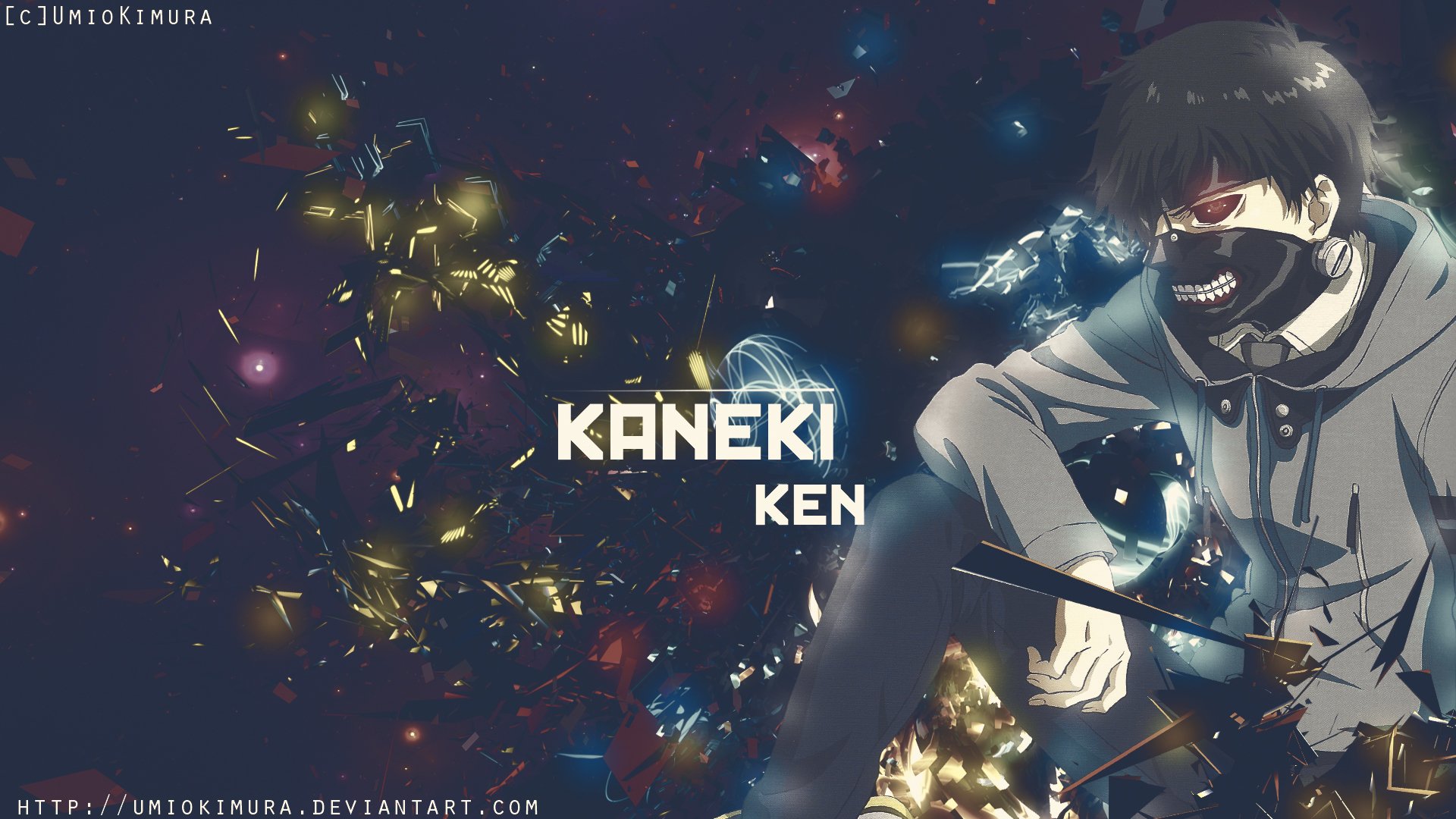 HD PC desktop wallpaper featuring Kaneki Ken from the anime Tokyo Ghoul, set against a dark, vibrant background with glowing abstract elements.