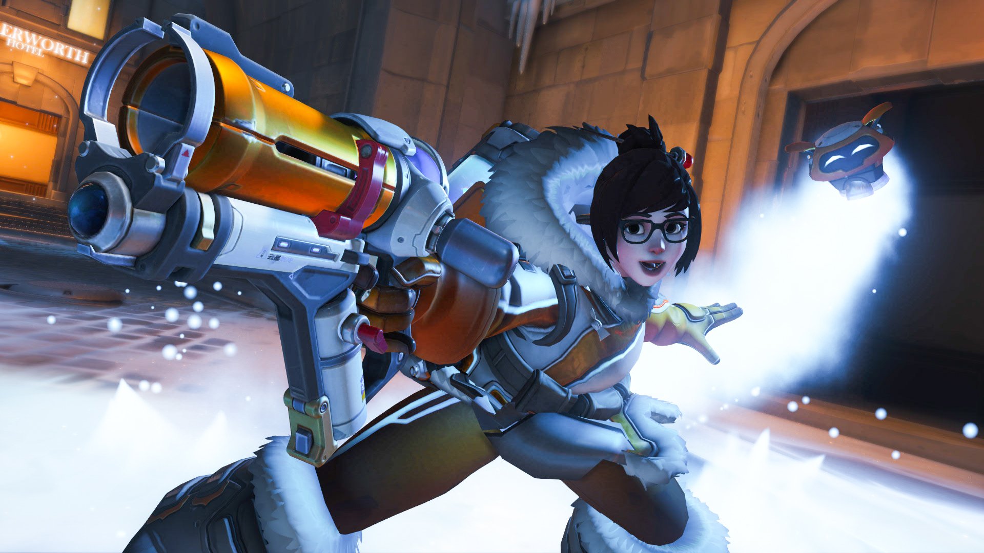 Mei (Overwatch) video game HD PC desktop wallpaper: Mei in her winter coat firing a cryo blaster, sending ice and snow across a dim stone hall.