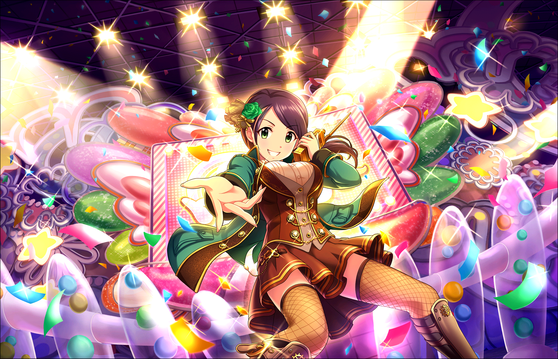 HD PC desktop wallpaper featuring Aki Yamato from the anime The iDOLM@STER Cinderella Girls in a vibrant, colorful stage setting with dynamic lighting effects.