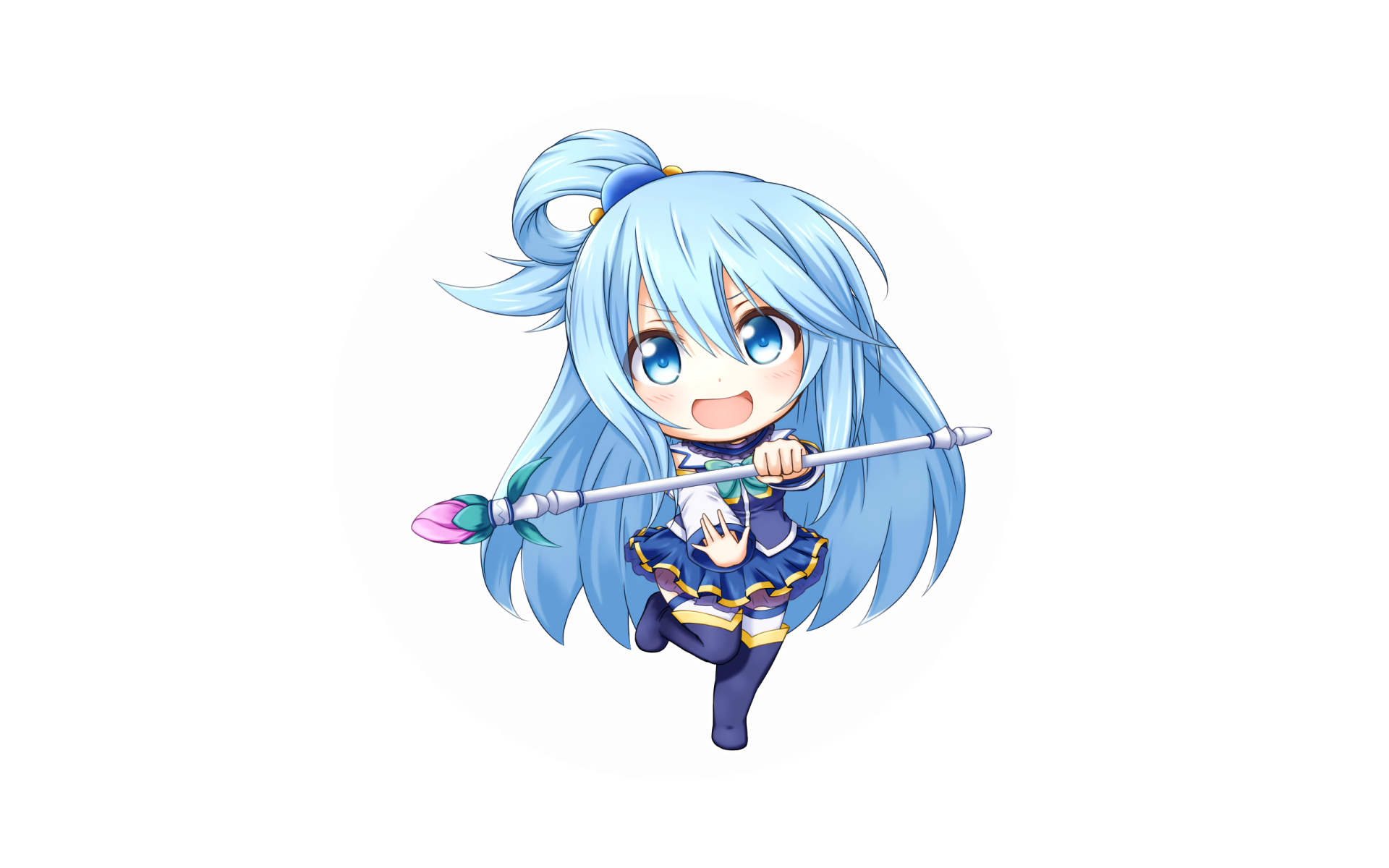 HD desktop wallpaper featuring Aqua from the anime KonoSuba - God’s Blessing on This Wonderful World!!. Aqua is depicted with blue hair, vibrant eyes, and a playful expression, holding a colorful staff.