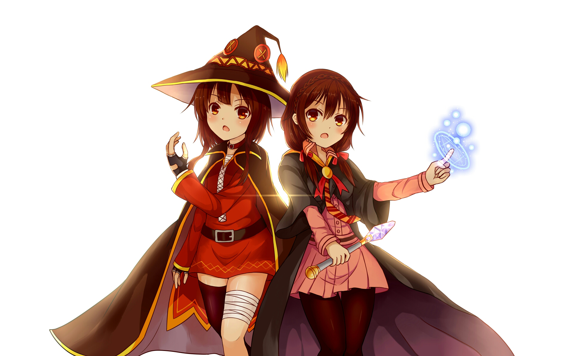 HD desktop wallpaper featuring Megumin from the anime KonoSuba: God's Blessing on This Wonderful World!!, dressed in her signature outfit and depicted twice side by side, holding a staff with magical effects.