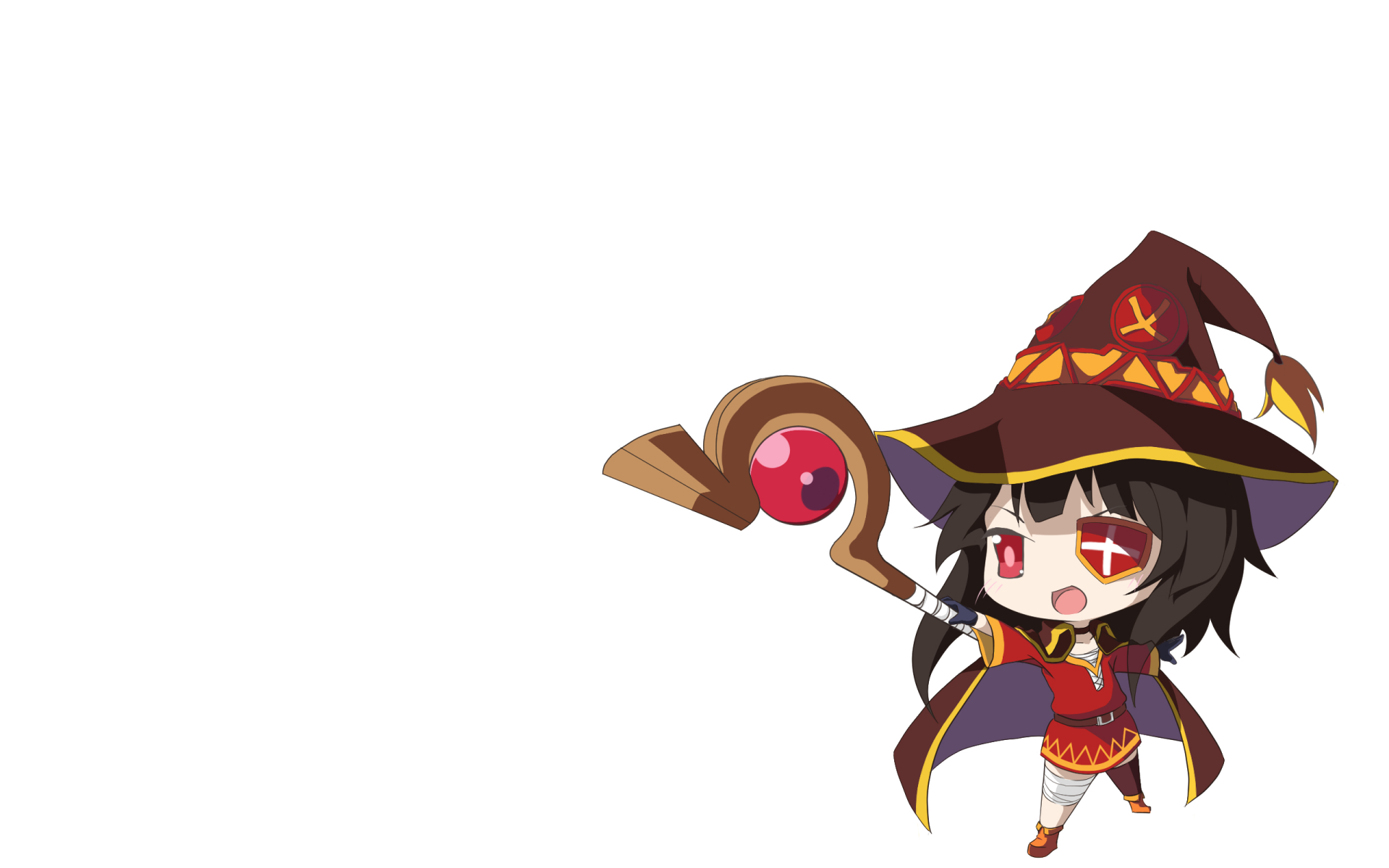 Chibi Megumin from KonoSuba dressed in her signature wizard outfit, holding a staff, set against a white background. HD desktop wallpaper from the anime KonoSuba: God's blessing on this wonderful world!!
