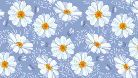 Artistic HD PC desktop wallpaper of white camomile flowers with golden centers on a soft blue background patterned with pale leafy swirls.
