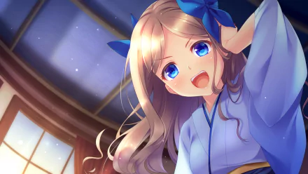 A vibrant anime character from Kantai Collection, featuring a girl with long blonde hair and blue eyes, cheerfully posing in a traditional outfit against a warm, cozy background.