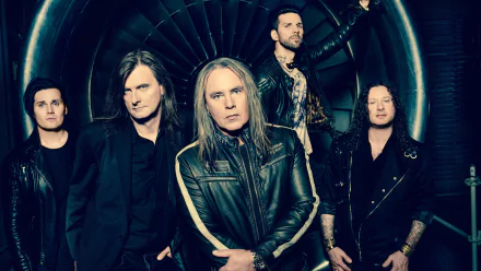 HD desktop wallpaper featuring the heavy metal band Helloween, exuding a powerful and intense music vibe with members in dark attire against an industrial, metallic background.