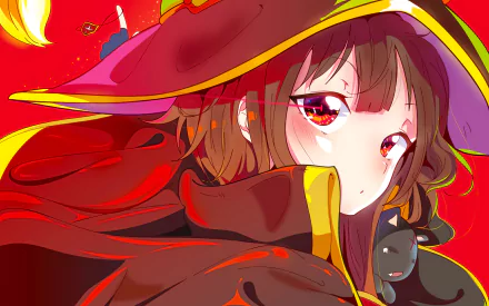 HD anime desktop wallpaper featuring a close-up of Megumin from KonoSuba - God’s blessing on this wonderful world!! with vibrant red and yellow tones.