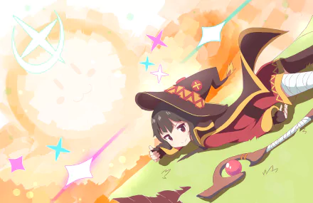 A vibrant HD desktop wallpaper featuring Megumin from *KonoSuba - God’s Blessing on This Wonderful World!!*, showcasing her dynamic pose against a colorful, magical background.