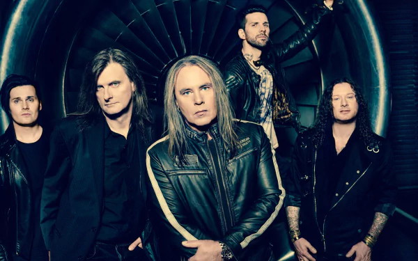 HD desktop wallpaper featuring the heavy metal band Helloween, exuding a powerful and intense music vibe with members in dark attire against an industrial, metallic background.