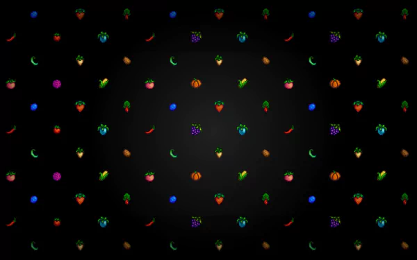 HD desktop wallpaper featuring various colorful Stardew Valley crops and forage items scattered against a dark background.