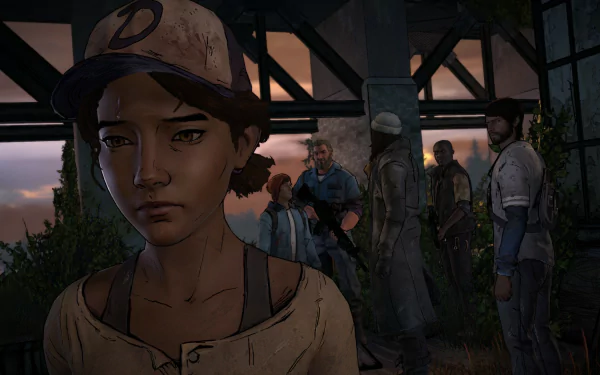 HD PC desktop wallpaper featuring Clementine and other characters from the video game The Walking Dead: A New Frontier in a tense, dimly lit scene.