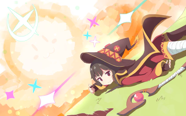 A vibrant HD desktop wallpaper featuring Megumin from *KonoSuba - God’s Blessing on This Wonderful World!!*, showcasing her dynamic pose against a colorful, magical background.