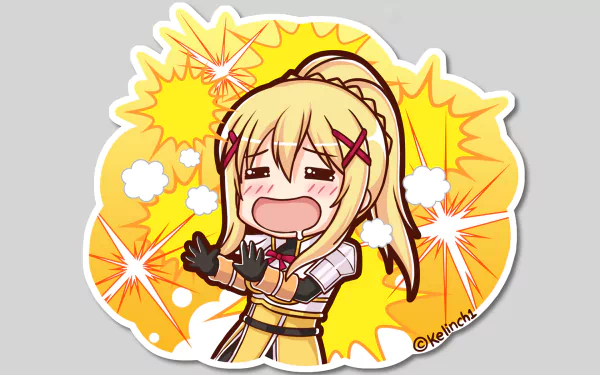 Chibi artwork of Darkness from KonoSuba - God's Blessing on This Wonderful World!!, expressing frustration surrounded by explosive effects. HD desktop wallpaper.