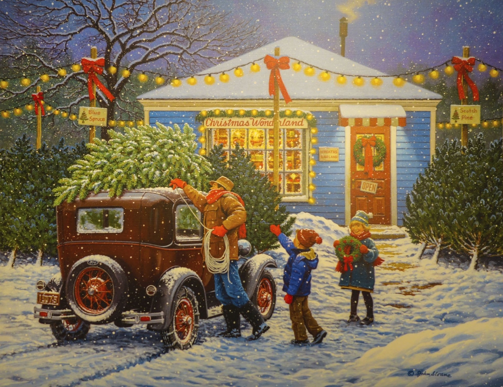 Artistic HD painting of a snowy winter scene with a family loading a Christmas tree onto a vintage car outside a festively decorated house, designed as a PC desktop wallpaper.