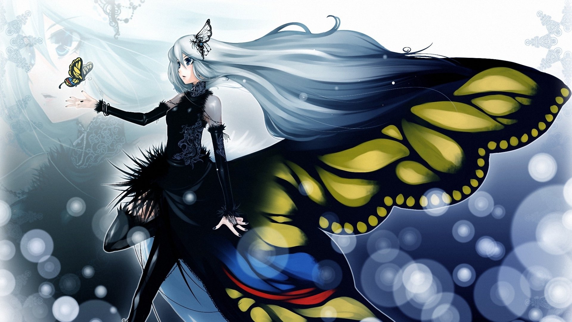 Download Aqua Eyes White Hair Long Hair Wings Butterfly Anime Girl Anime Girl  HD Wallpaper
