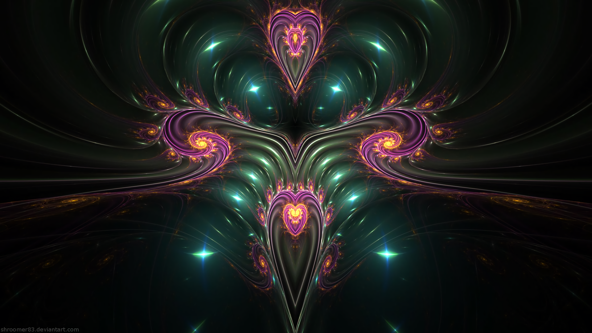 HD PC desktop wallpaper: abstract fractal of green and purple swirls forming luminous heart-shaped motifs on a dark background.