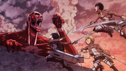 HD desktop wallpaper featuring Armin Arlert, Eren Yeager, and Mikasa Ackerman from Attack on Titan, engaged in battle against a Titan, set against a dramatic sky.