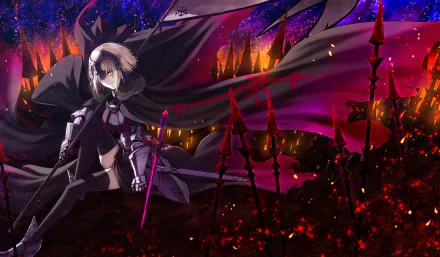 HD wallpaper featuring Jeanne d'Arc Alter from the Fate Series, depicted as Avenger and Ruler, with a dynamic background of dark colors and striking imagery, embodying her powerful presence.