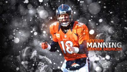 HD desktop wallpaper featuring a dynamic image of a football player in an orange jersey with the name Peyton Manning and snow effect background.