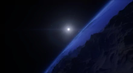 HD PC desktop wallpaper and background from Space Engine: video game-style space scene with a bright star rising above a blue planet limb and rocky foreground.