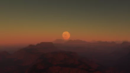 HD PC desktop wallpaper from Space Engine — a video-game style moon rising over jagged mountains at orange sunset, layered hazy ridgelines.