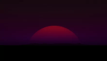 A serene horizon at dusk with a vivid red sun setting against a deep purple sky, showcasing a stunning aesthetic reminiscent of video game worlds in Space Engine.