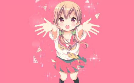 Hinako Sakuragi from the anime Hinako Note is depicted with a cheerful expression, arms outstretched against a vibrant pink background, creating a lively HD desktop wallpaper.