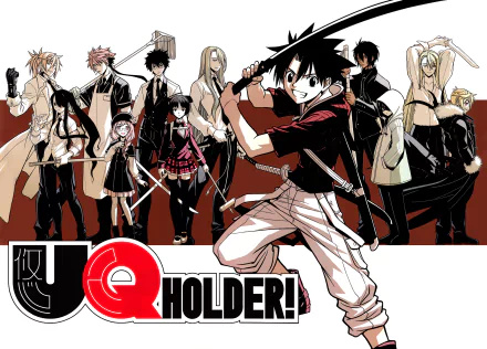 Anime-themed HD wallpaper featuring characters from UQ Holder!, showcasing a dynamic group led by a young warrior with a sword, set against a striking background.