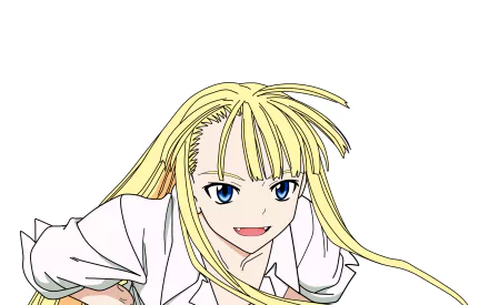HD PC desktop wallpaper featuring a blonde anime character from UQ Holder! with blue eyes and a confident expression on a white background.
