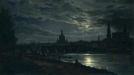 A Victorian-era city by a river under moonlight, with clouds overhead. Silhouettes of buildings and a horse-drawn carriage create a serene night scene. HD artistic wallpaper background.