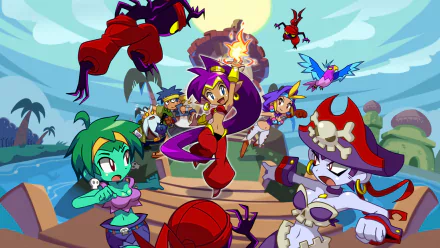 HD wallpaper featuring Shantae and other characters from Shantae: Half-Genie Hero in a colorful, adventure-filled backdrop.
