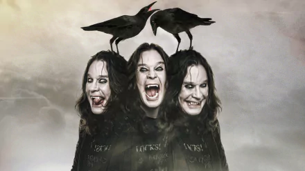 HD heavy metal wallpaper featuring three intense Ozzy Osbourne faces with two black crows perched on their heads against a moody, cloudy background.