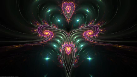 HD PC desktop wallpaper: abstract fractal of green and purple swirls forming luminous heart-shaped motifs on a dark background.