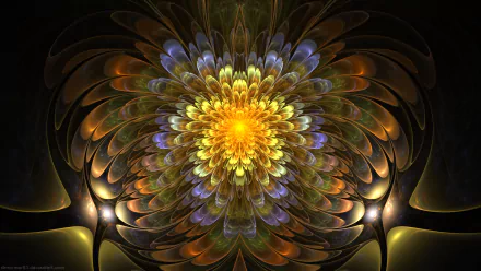 Yellow abstract fractal blossom with layered petal-like forms and a glowing center, HD PC desktop wallpaper and background.