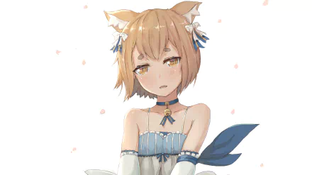 This HD wallpaper features Felix Argyle from the anime Re:Zero - Starting Life in Another World.'' Felix is shown with cat ears and wearing a blue and white outfit, framed by delicate falling petals.