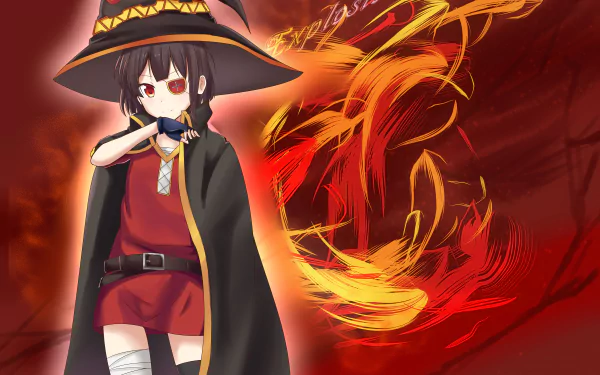4K Ultra HD PC wallpaper featuring Megumin from the anime KonoSuba - God’s blessing on this wonderful world!!, with fiery magic effects in the background.