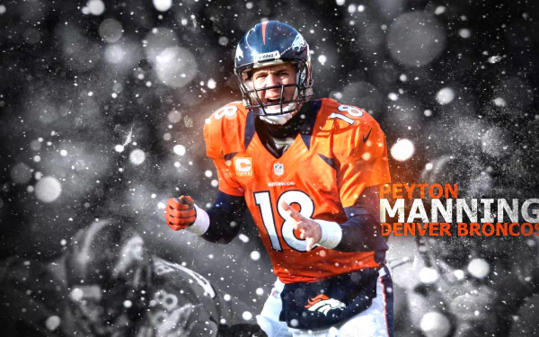 HD desktop wallpaper featuring a dynamic image of a football player in an orange jersey with the name Peyton Manning and snow effect background.