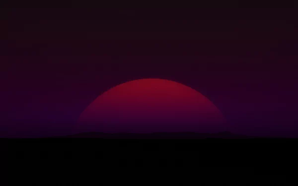 A serene horizon at dusk with a vivid red sun setting against a deep purple sky, showcasing a stunning aesthetic reminiscent of video game worlds in Space Engine.