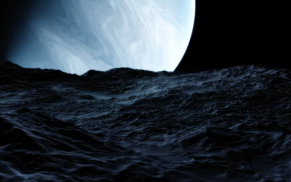 HD desktop wallpaper from the Space Engine video game showing an asteroid surface with a bright gas giant planet in deep space.