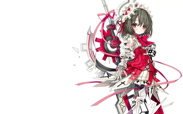 A vibrant HD desktop wallpaper from the anime Clockwork Planet, featuring a character in striking red and white attire, surrounded by mechanical elements and dynamic ribbons.