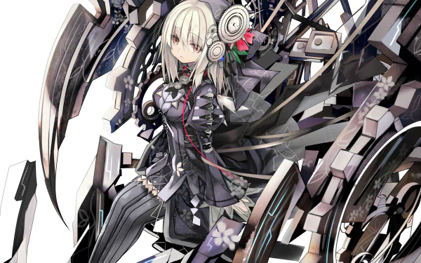 HD desktop wallpaper of an intricate anime character from Clockwork Planet. The character is surrounded by mechanical gears and parts, with a striking, detailed design that blends art and machinery seamlessly.