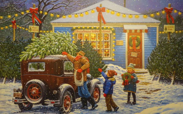 Artistic HD painting of a snowy winter scene with a family loading a Christmas tree onto a vintage car outside a festively decorated house, designed as a PC desktop wallpaper.