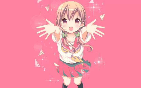 Hinako Sakuragi from the anime Hinako Note is depicted with a cheerful expression, arms outstretched against a vibrant pink background, creating a lively HD desktop wallpaper.