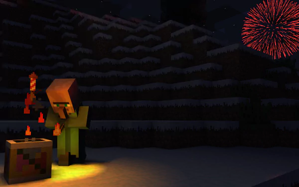 HD desktop wallpaper featuring a Minecraft scene of a character by a firework block in a snowy landscape, with fireworks lighting up the night sky, evoking a festive New Year and Christmas atmosphere.