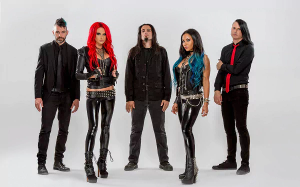 HD desktop wallpaper of a five-member heavy metal/death metal band: two female singers in leather with red and blue hair, flanked by three male members, posed on a clean white background.